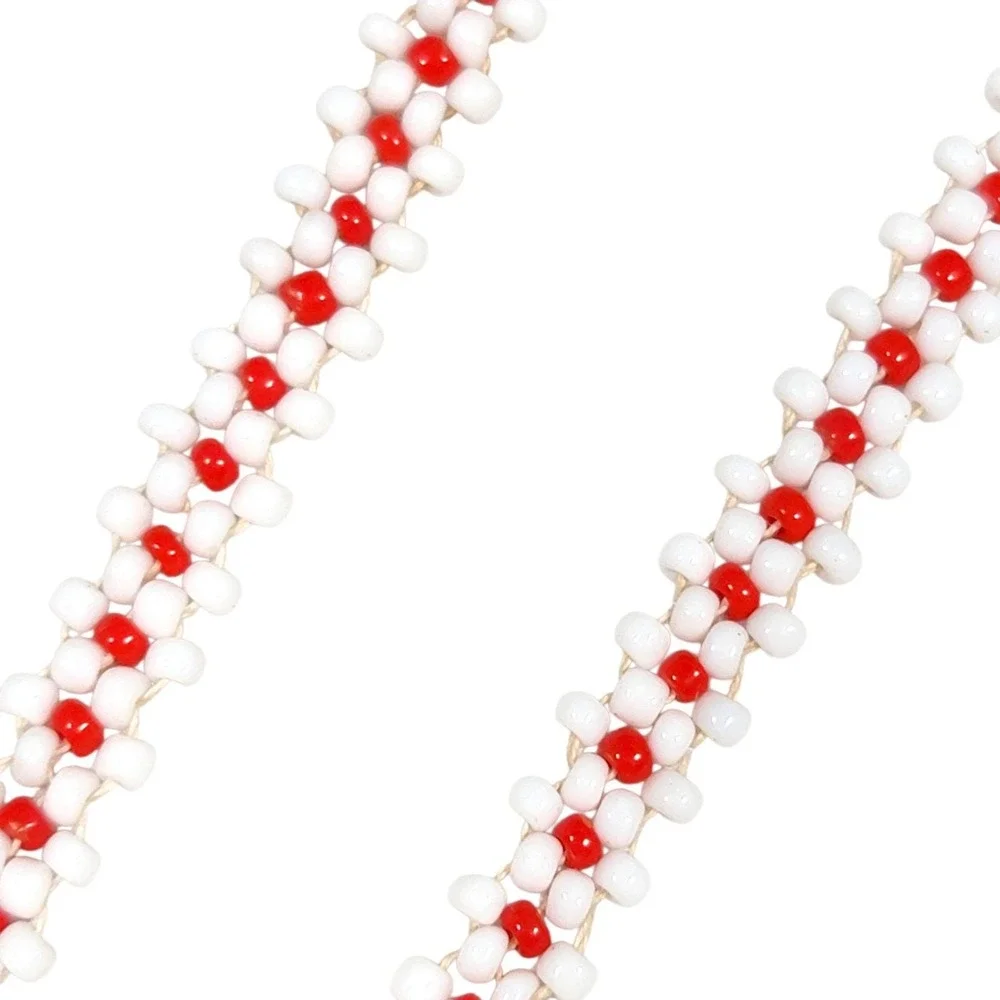 VTG‎ 60s Beaded Moccasin Necklace Childrens Faux Leather White Red Hong Kong